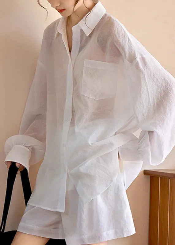 Simple White Pockets Shirts and Shorts Two Piece Suit Set Long Sleeve Spring