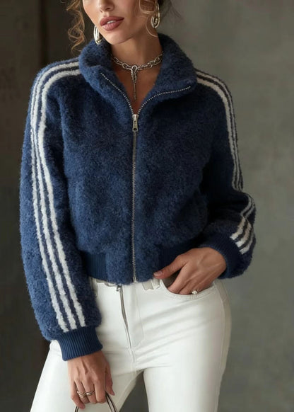 Blue Stand Collar Zip Up Striped Faux Fur Jackets Spring