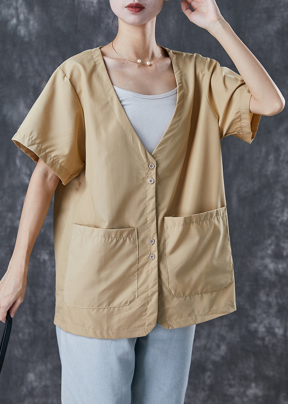Khaki V Neck Pockets Cotton Shirt Tops Summer