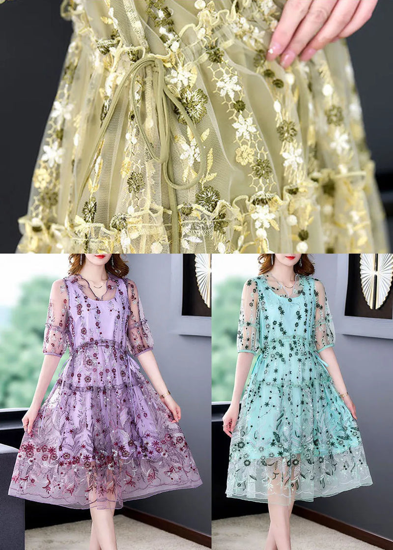 Purple Embroideried Hollow Out Tulle Long Dress Summer