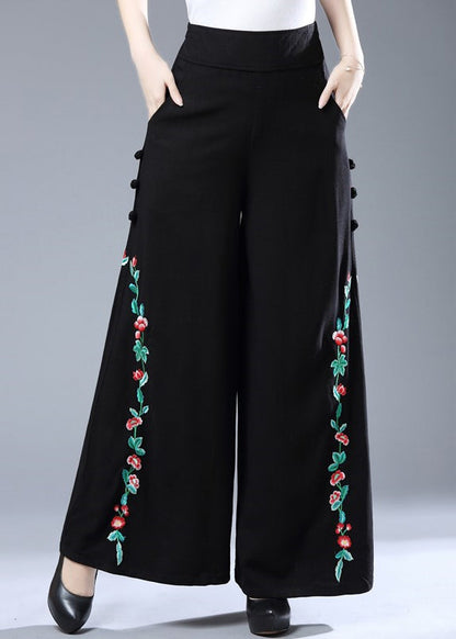 Modern Black Embroideried Elastic Waist Wide Leg Pants Fall