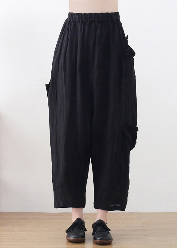 Black High Waist Pockets Linen Wide Leg Pants Summer