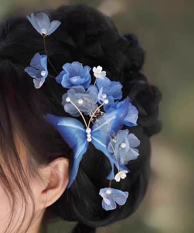 Blue Alloy Pearl Butterfly Tassel Hairpin