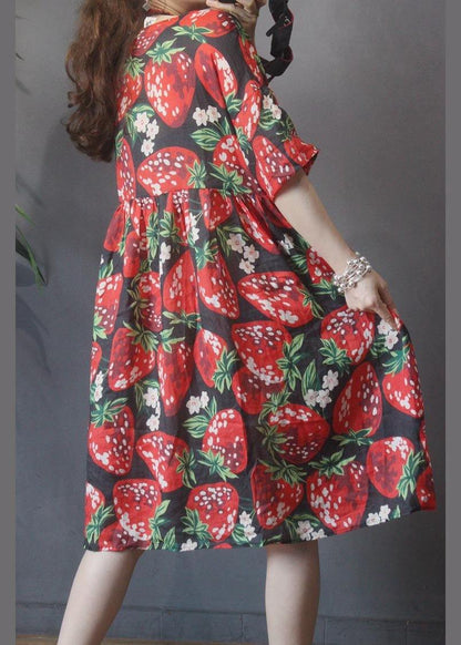 Black Print Strawberry High Waist Long Dresses Summer Linen