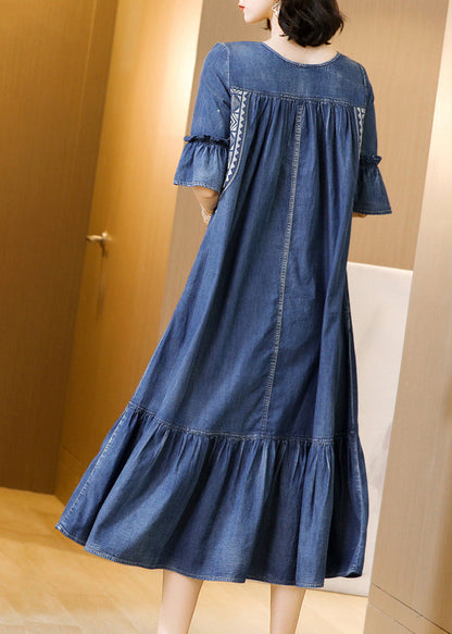 Blue O-neck Embroideried Ruffles Cotton Denim Dress Flare Sleeve