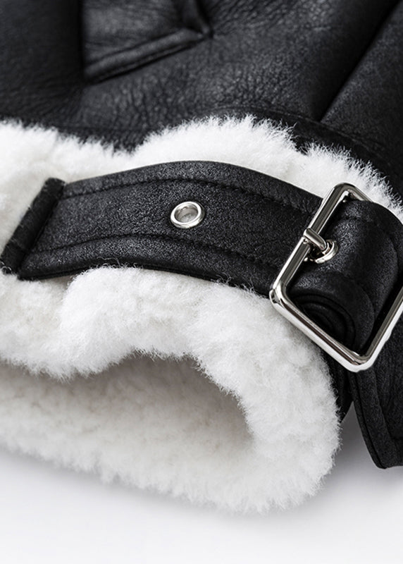 Black Peter Pan Collar Pockets Warm Fleece Pu Coats Winter