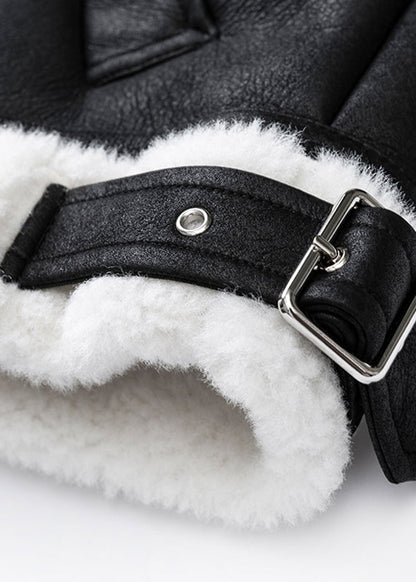Black Peter Pan Collar Pockets Warm Fleece Pu Coats Winter