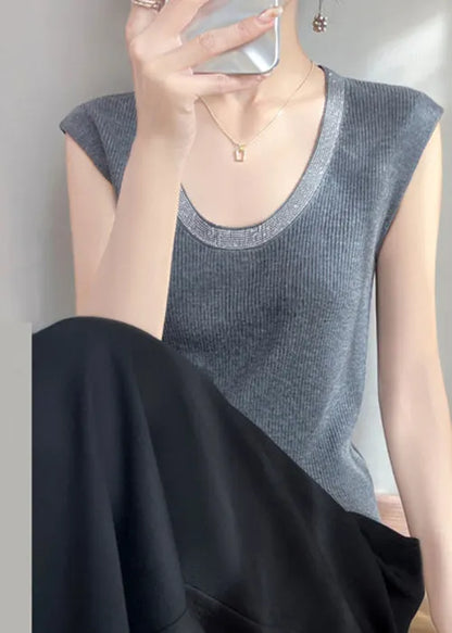 Grey Zircon Patchwork Knit Tank U Neck Sleeveless