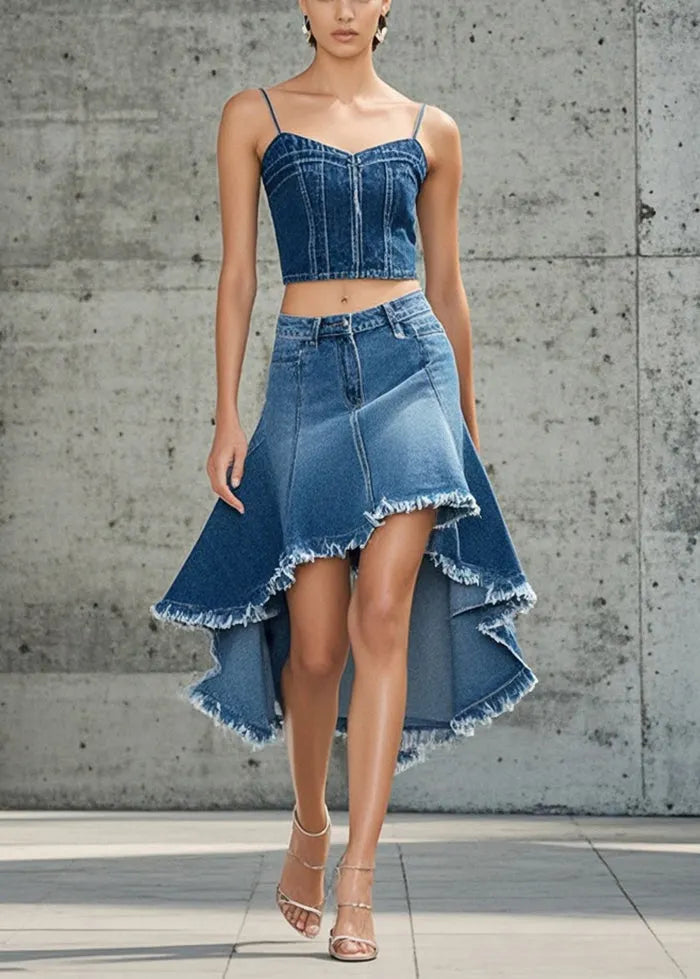 French Blue Low High Design Exra Large Hem Denim Skirts Spring