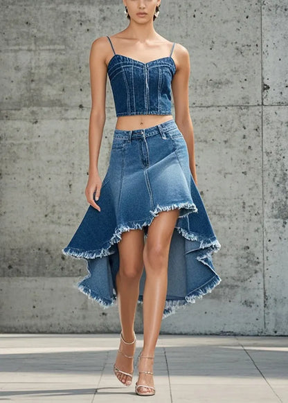 French Blue Low High Design Exra Large Hem Denim Skirts Spring