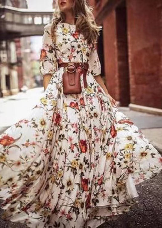 French Blue O-neck Print Chiffon Long Dresses Half Sleeve