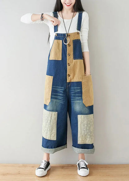 Style Dark Blue Pockets Patchwork Cotton Denim Jumpsuits Spring