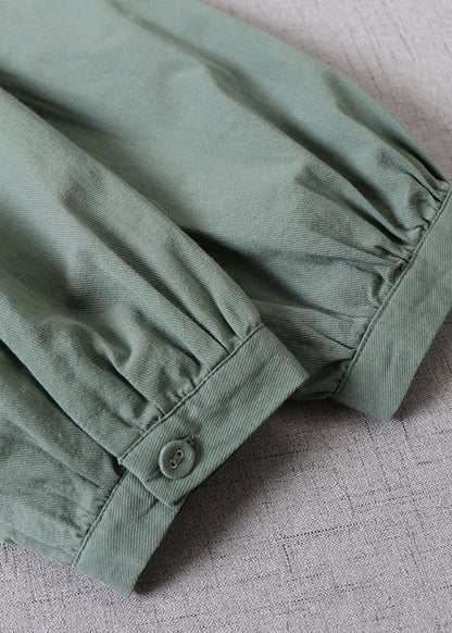 Tea Green Ruffled Button Cotton Dress Long Sleeve