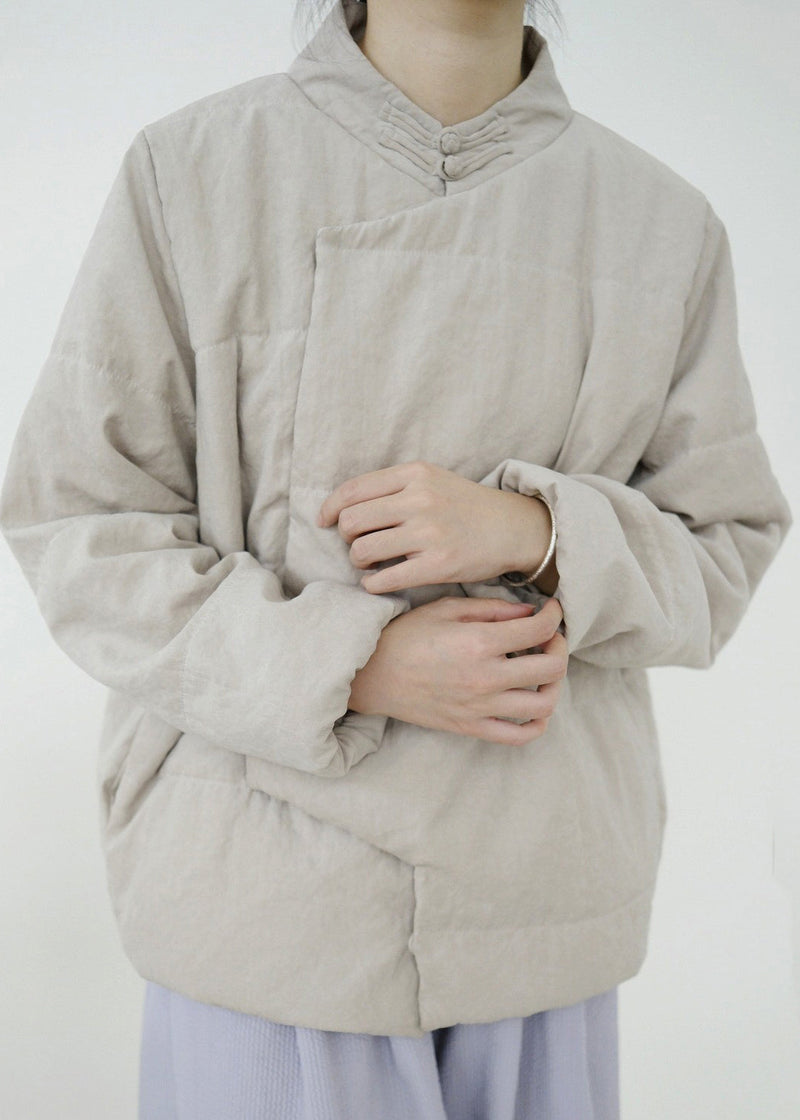 Simple Apricot Stand Collar Button Pockets Fine Cotton Coats Winter