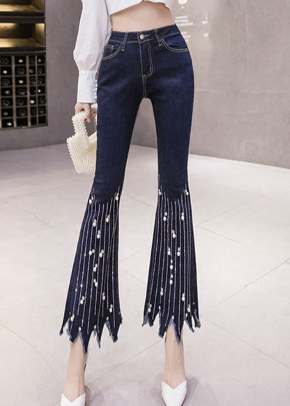 Blue High Waist Button Tassel Crop Jeans Spring