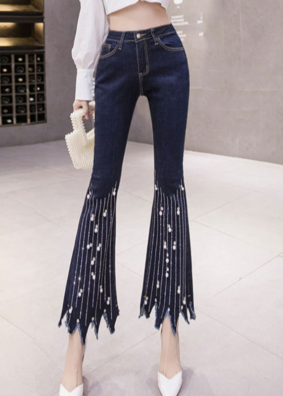 Blue High Waist Button Tassel Crop Jeans Spring