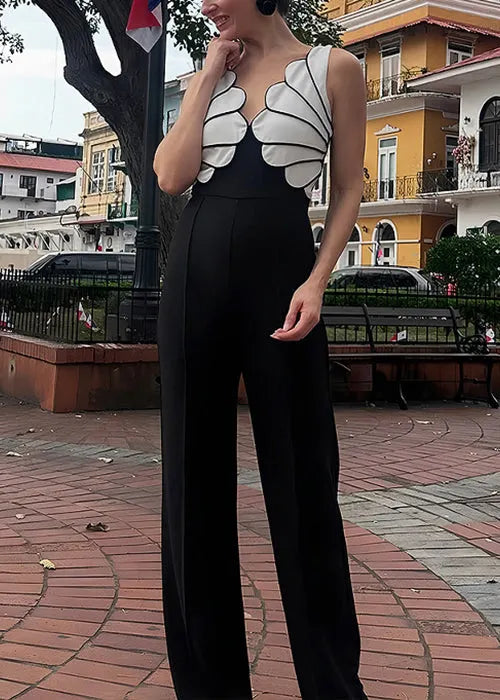 Slim Fit Black V Neck Patchwork Cotton Jumpsuit Sleeveless
