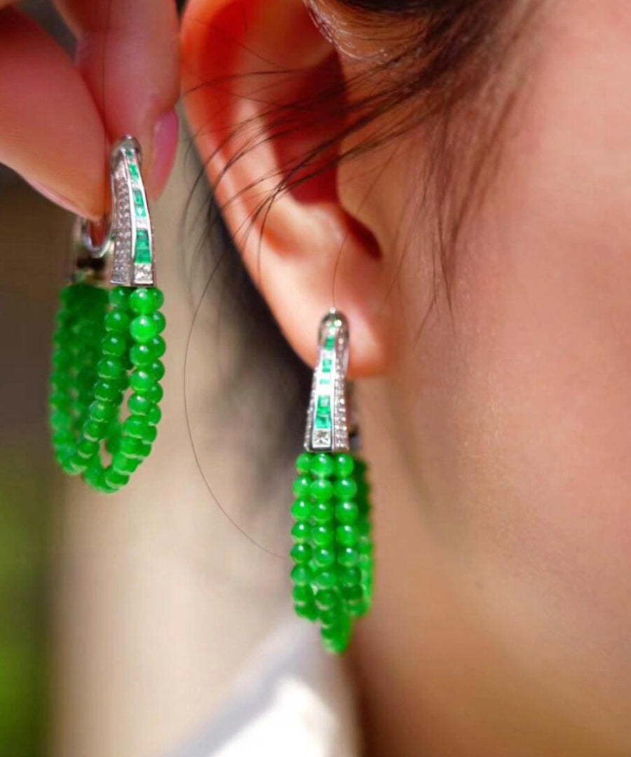 Green Sterling Silver Xiaomi Beads Chalcedony Hoop Earrings