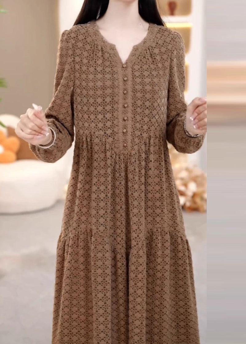 Photo Color V Neck Patchwork Button Silk Velour Maxi Dresses Spring
