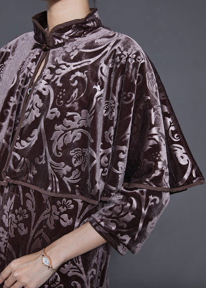 Chocolate Jacquard Silk Velour Long Dress Two Piece Set Fall