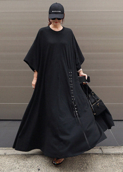 Grey O-neck Asymmetrical Cotton Dress Three Quarter Sleeve