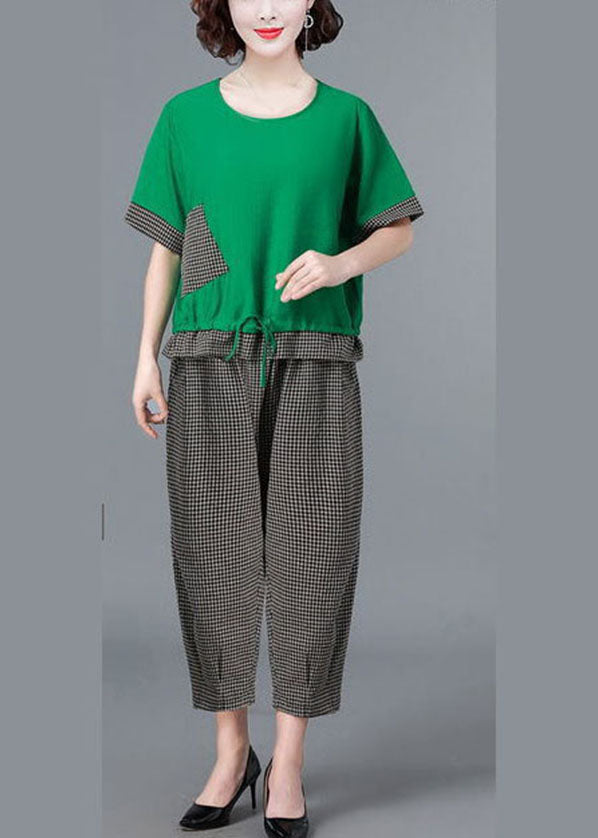 Style Green Asymmetrical Design Patchwork Linen Tops and Harem Pants Two Pieces Set Short Sleeve