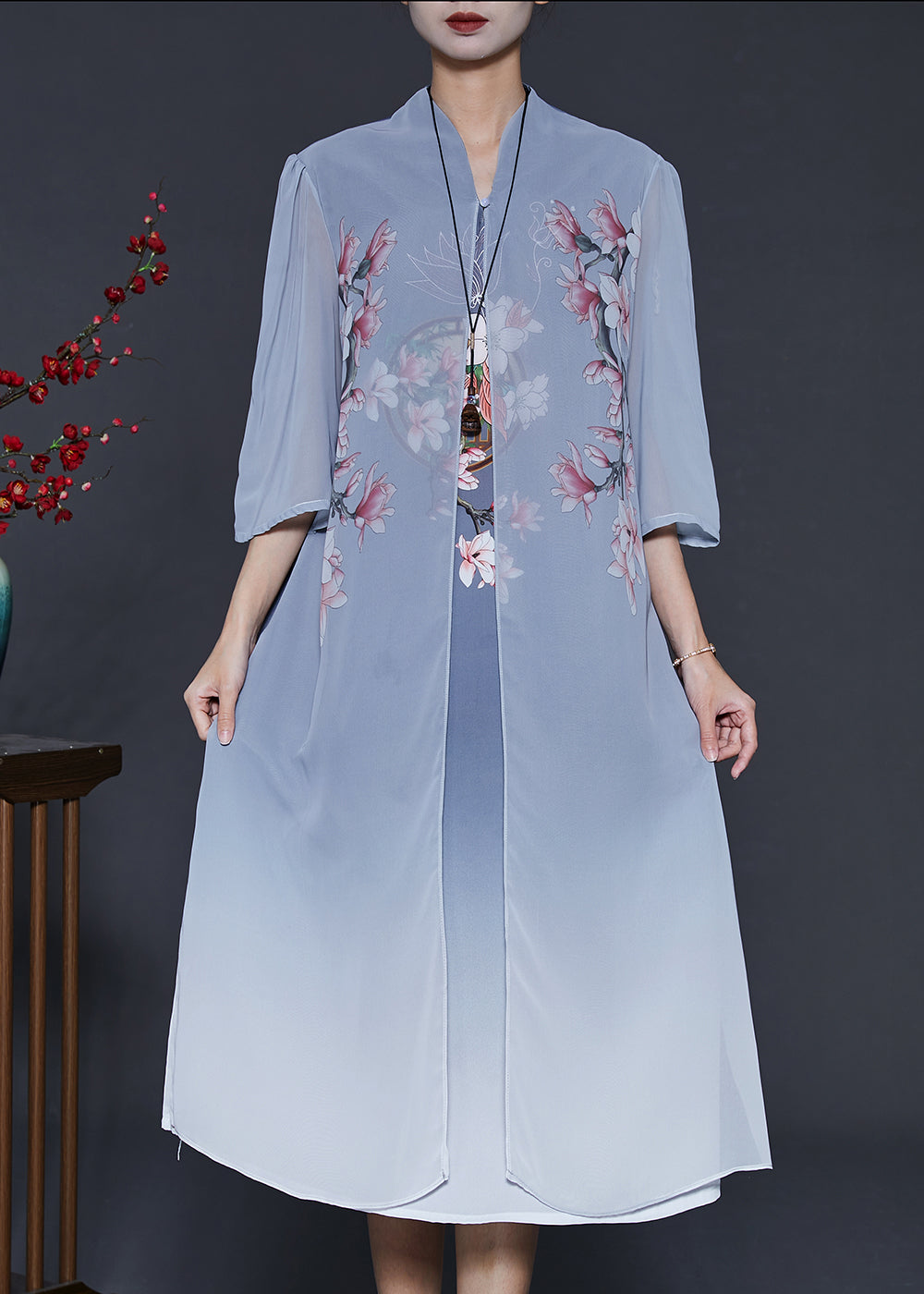 Blue Print Silk Fake Two Piece Dress Summer