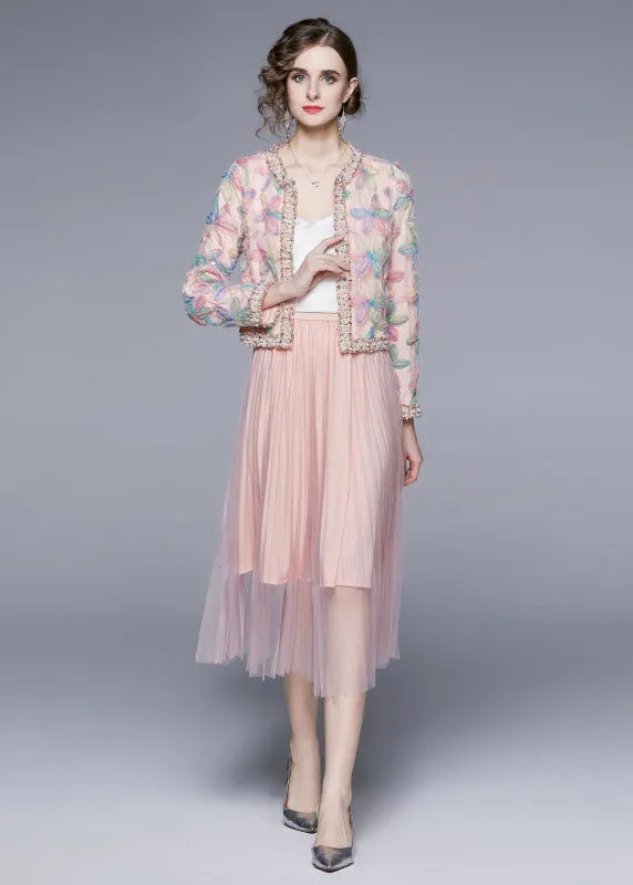 Pink O-neck Print Tulle Two Piece Suit Set Fall