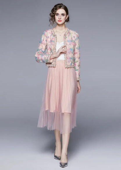 Pink O-neck Print Tulle Two Piece Suit Set Fall