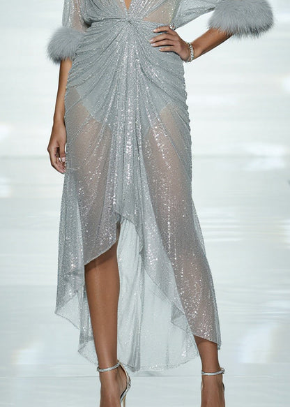 Sky Blue Sequins Patchwork Faux Fur Tulle Sheer Dress Summer