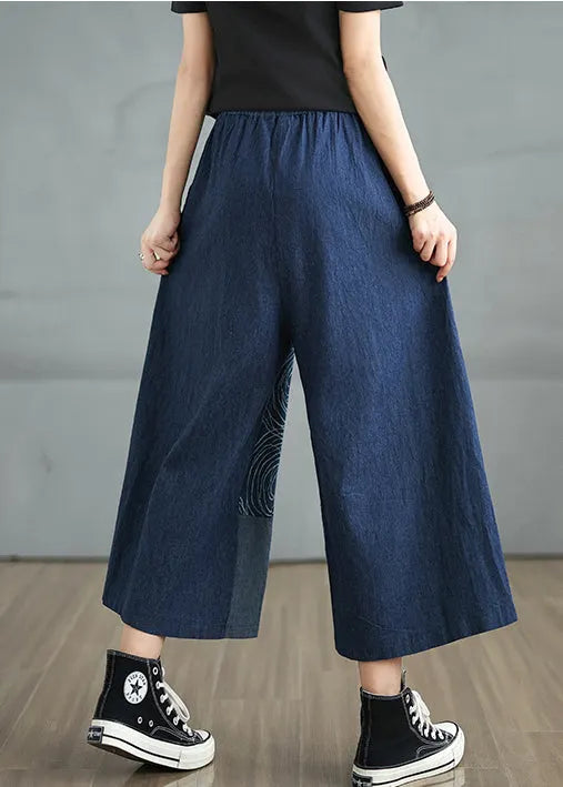 Navy Asymmetrical Print Denim Pants Summer