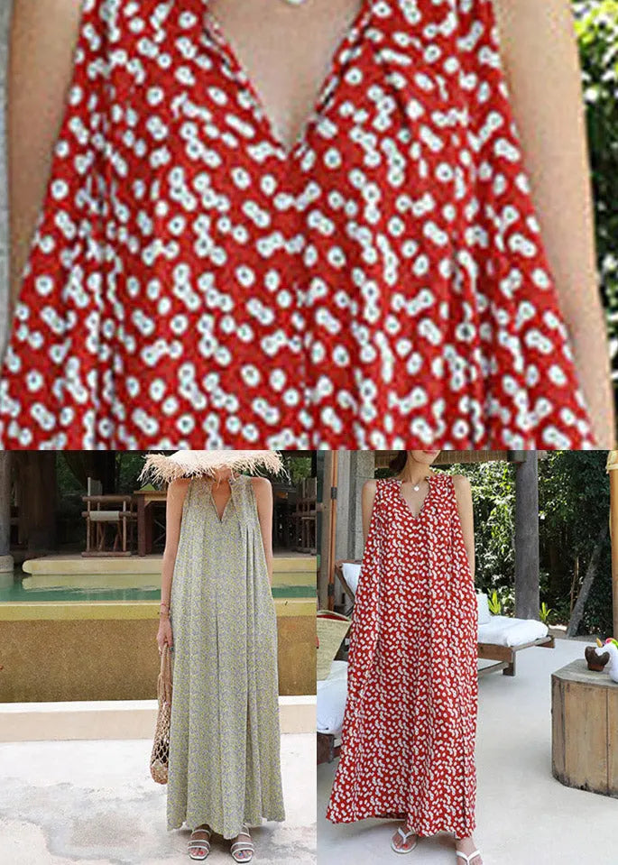 Red Colour O-neck Print Pockets Chiffon Jumpsuits Pants Summer