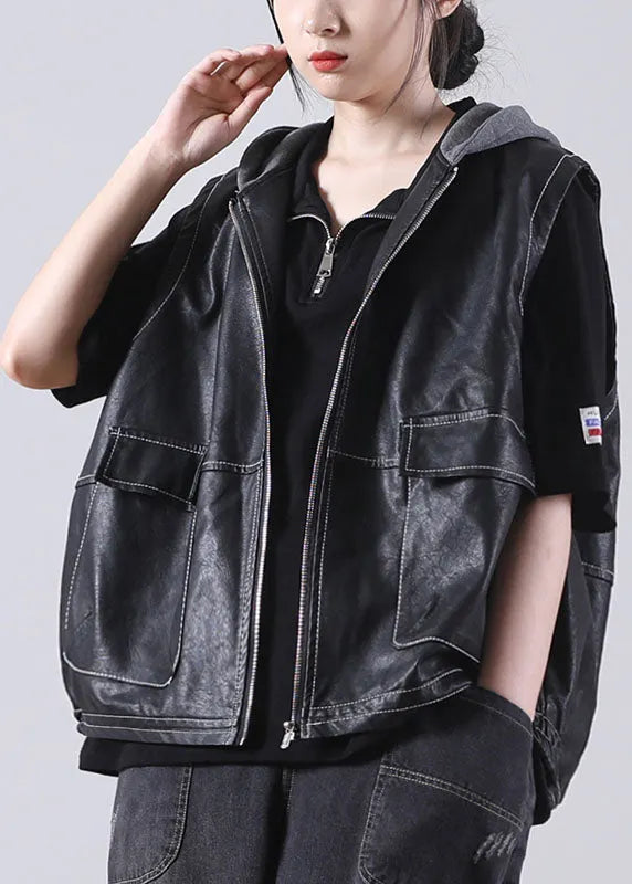 Boutique Black Patchwork Hooded Zippered Fall Pockets Blouse Tops Pu Waistcoat