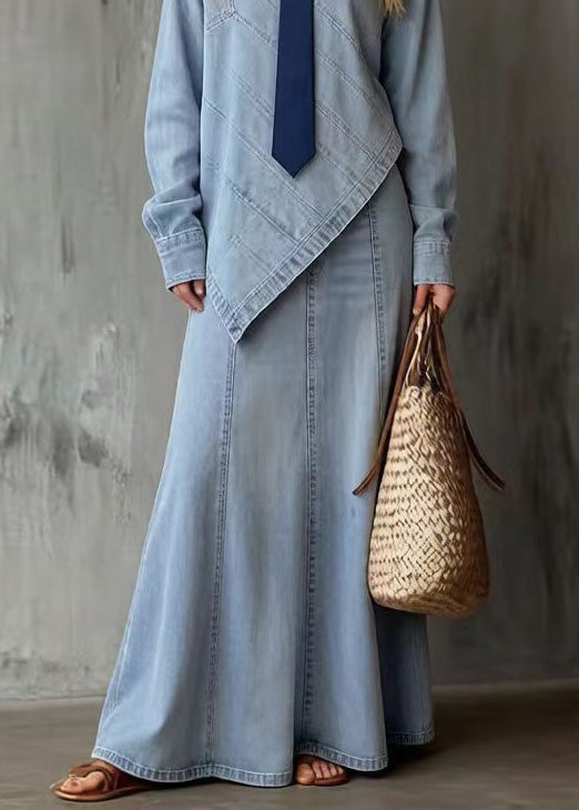 French Blue Asymmetrical Denim Two Piece Set Outfits Spring