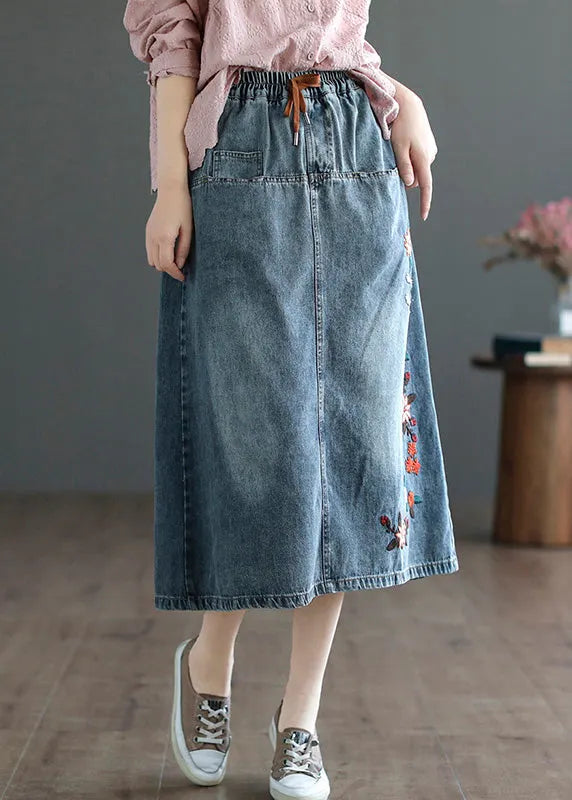 Style Blue Embroideried Patchwork Elastic Waist Denim a Line Skirts Summer