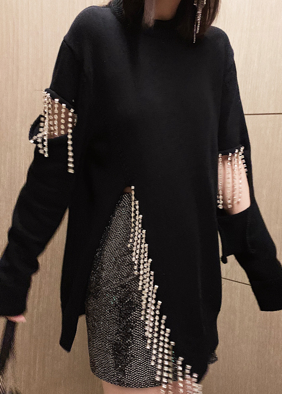 Black Tasseled Hole Patchwork Cotton Knit Sweaters Long Sleeve