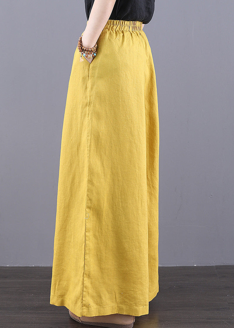 Yellow Elastic Waist Pockets Linen Pants Summer