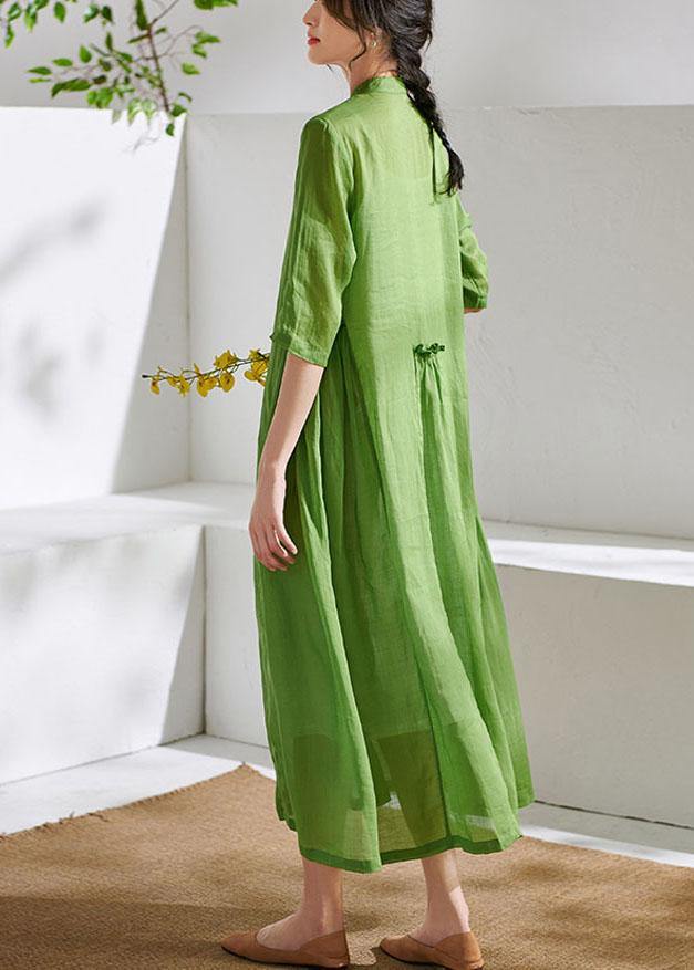 Art Green Ruffled Button Summer Ramie Party Dresses Half Sleeve