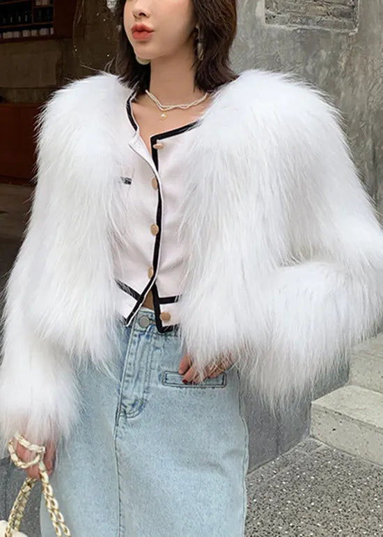 White Patchwork Faux Fur Coat V Neck Winter