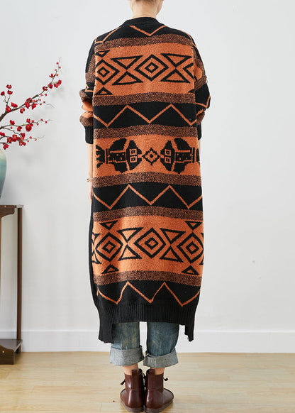 Orange Oversized Print Knit Cardigans Fall