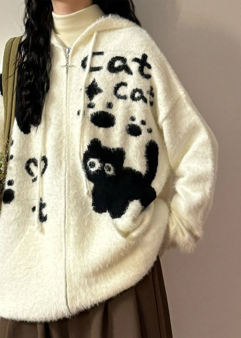 Jacquard White Hooded Zippered Mink Hair Knitted Coats Winter