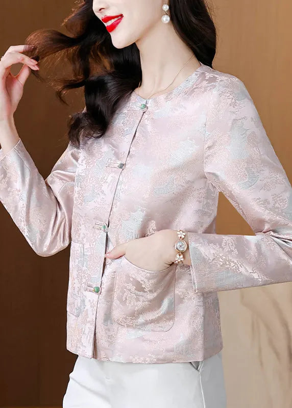 Pink O Neck Button Pockets Silk Coat Fall
