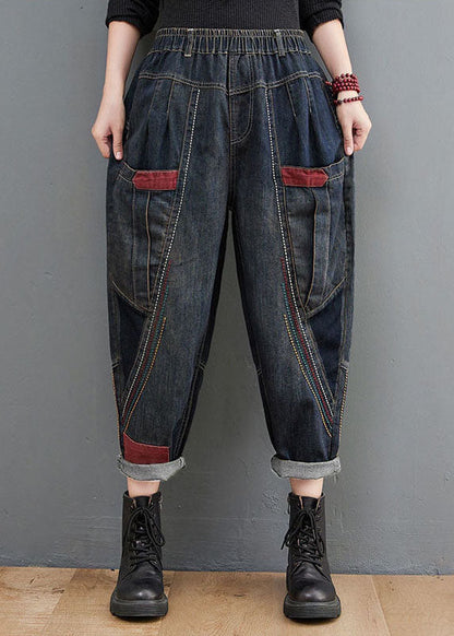 Navy Elastic Waist Pockets Patchwork Cotton Denim Pants Fall