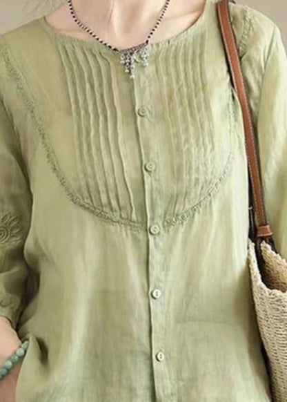 Unique Green O-nec Embroideried Wrinkled Ramie Top Fall