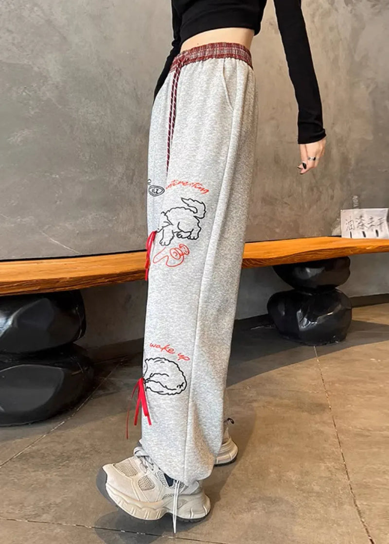 Grey Pockets Print Elastic Waist Cotton Pants Fall