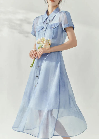 Stylish Blue Peter Pan Collar Button Tulle Shirts and Maxi Skirts Two Piece Set Summer