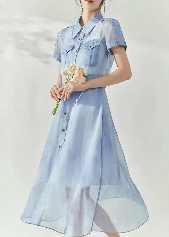 Stylish Blue Peter Pan Collar Button Tulle Shirts and Maxi Skirts Two Piece Set Summer
