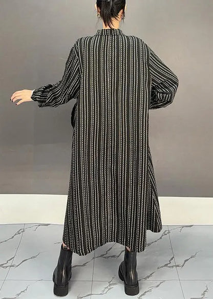 Black Zippered Striped Cotton Long Dress Fall