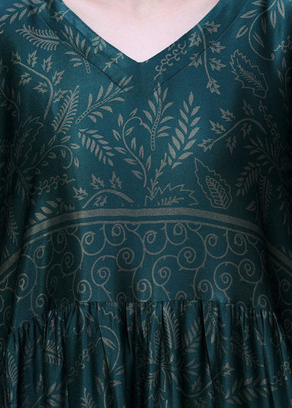 Green V Neck Wrinkled Print Silk Maxi Dresses Bracelet Sleeve