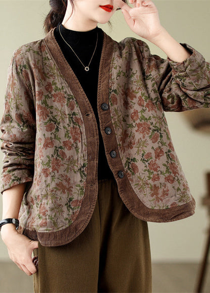 Khaki V Neck Print Fine Cotton Filled Coats Winter